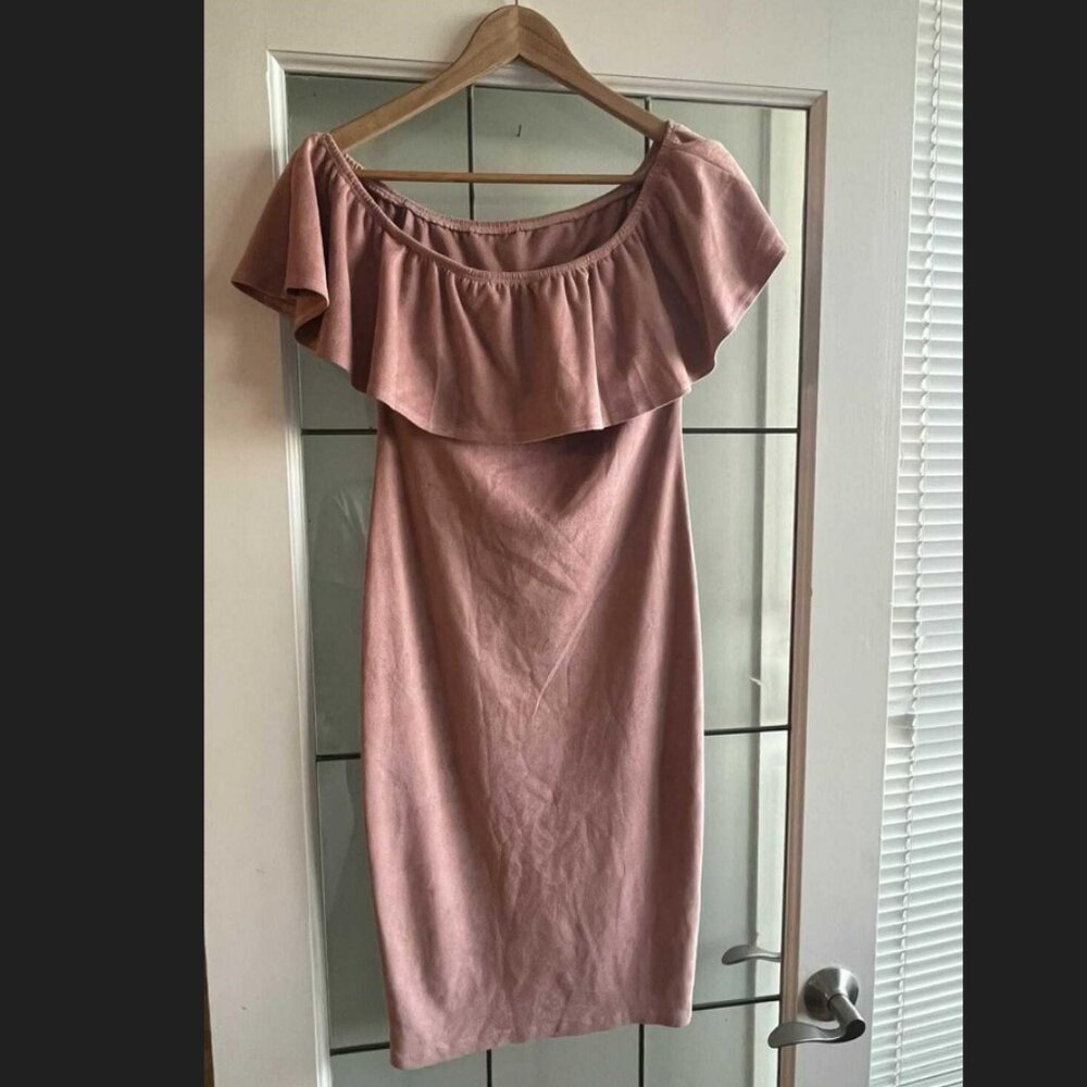 Dusty Pink Suede Off Shoulder Dress